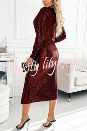 Coralia Sequin V-neck Long Sleeve Twist Waist Front Slit Midi Dress