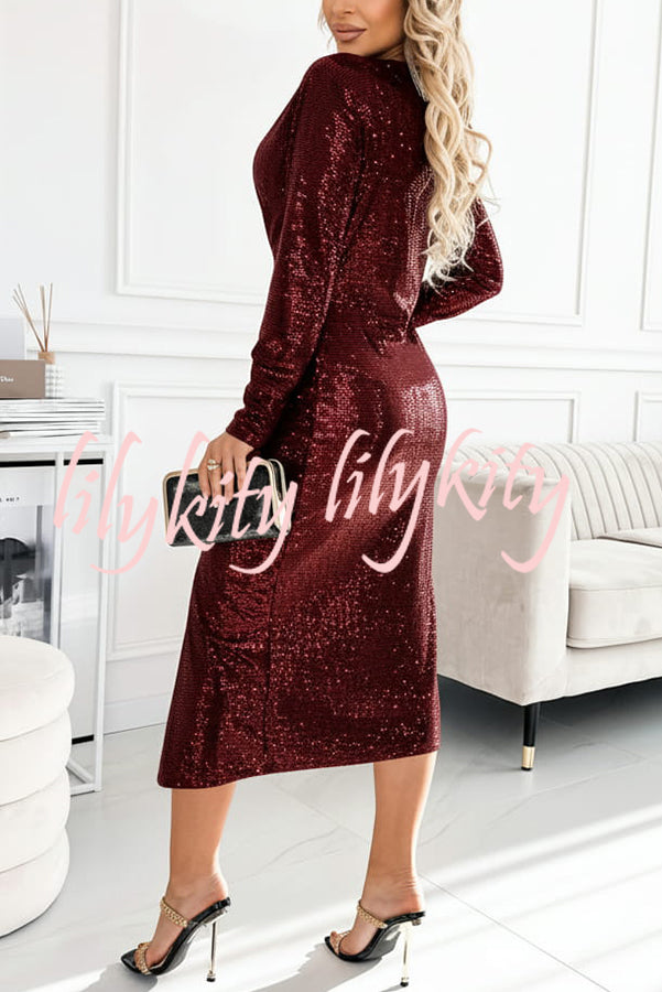 Coralia Sequin V-neck Long Sleeve Twist Waist Front Slit Midi Dress