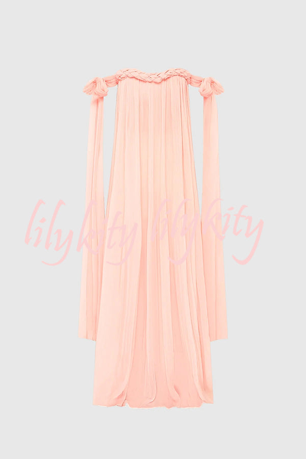 Fairy Spirit Tulle Braided Neckline Tie Arm Straps Pleated Maxi Dress