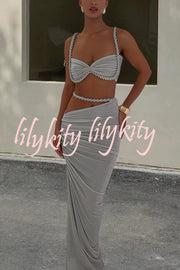Sexy Halter Back Braided Suspender Top and Beach Holiday Style Hip-wrapped Maxi Skirt Set
