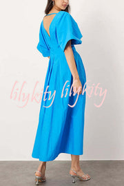 Antibes Linen Blend Princess Line Pleated Wide Puff Sleeve Midi Dress