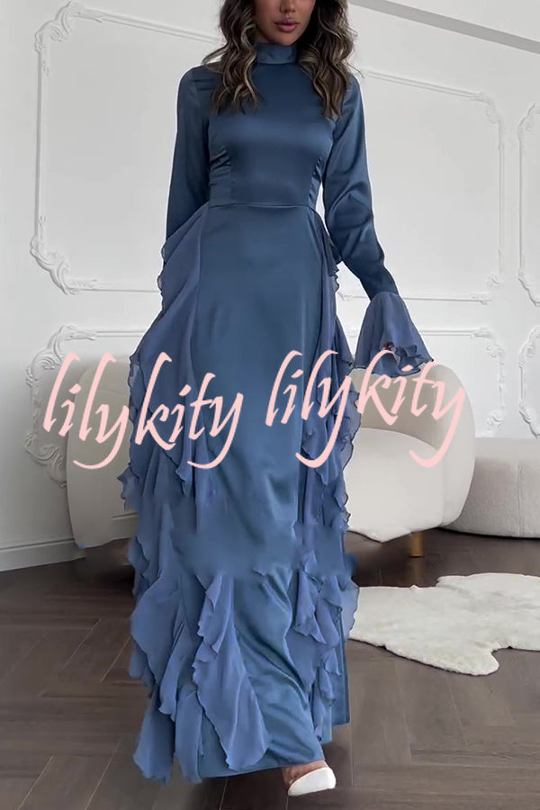 Cline Solid Color High Neck Long Sleeve Elegant Ruffles Maxi Dress