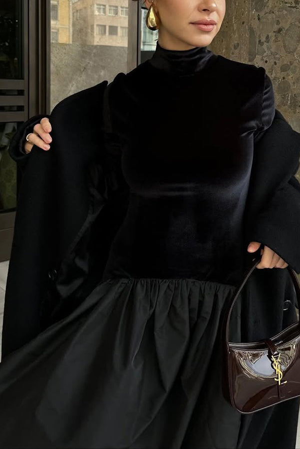 Solid Color Velvet Patchwork High Neck Long Sleeve Maxi Dress