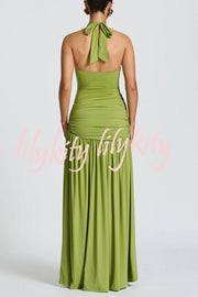 Solid Color Halter Neck Backless Slim Fit Pleated Slit Maxi Dress