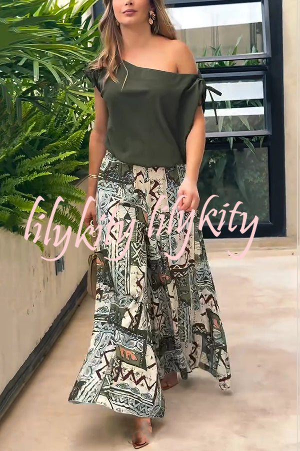 Terrace View Off Shoulder Tie Loose Top and Elastic Waist Unique Print Loose Pants Set