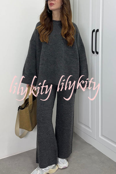 Solid Color Loose Long-sleeved Knit Top and Elastic Waist Casual Straight Leg Pants Set