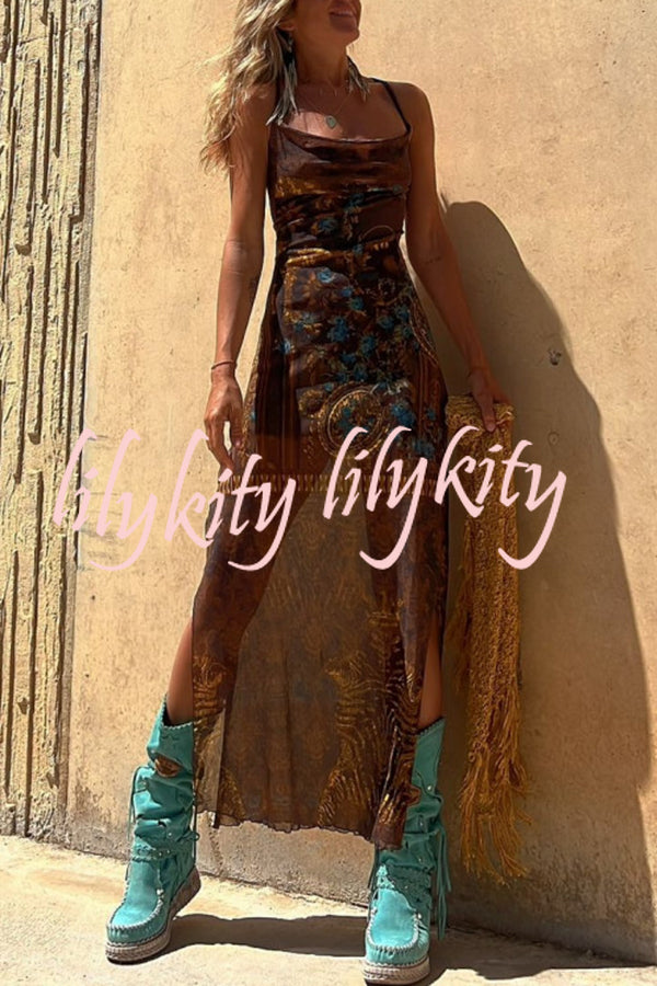 Gypsy Style Unique Print Cowl Neck Back Lace-up Slit Midi Dress