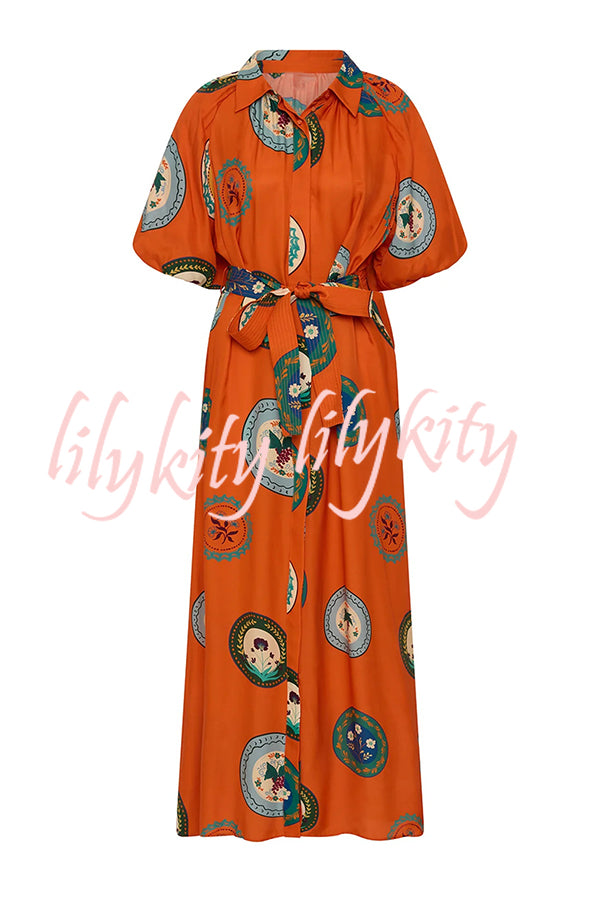 Linen Blend Unique Print Lapel Loose Tie Cardigan Maxi Dress
