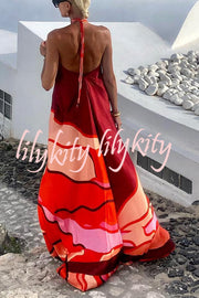 Vacay Happy Hour Printed Halter Backless A-line Maxi Dress