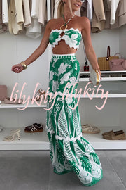 Cassie Ric Rac Trims Unique Print Halter Ring Tank and High Rise Wide Leg Pants Set