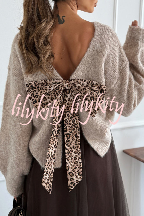 Gisella Knit Back Slit Leopard Print Bow Design Long Sleeve Relaxed Sweater