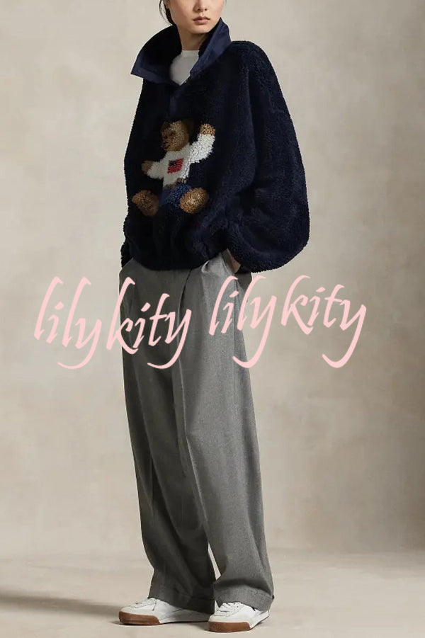 American Retro Polo Bear Pattern Stand Button Neck Long Sleeve Fleece Pullover