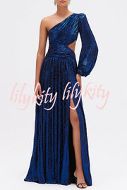 Dazzling Night Metallic Pleated One Shoulder Cutout Balloon Sleeve Gown Maxi Dress
