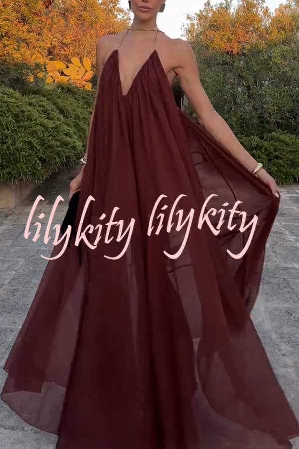 Flowing Lightweight Chiffon Chain Halter Neck Detail Backless A-line Maxi Dress