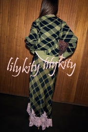 Holiday plaid Satin Unique Print Patchwork Lace Stretch Waist Draped Maxi Skirt