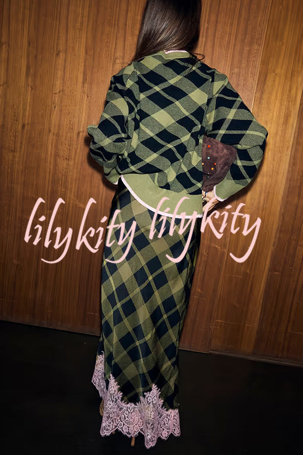 Holiday plaid Satin Unique Print Patchwork Lace Stretch Waist Draped Maxi Skirt