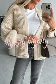 Solid Color V-neck Long-sleeved Casual Knitted Cardigan