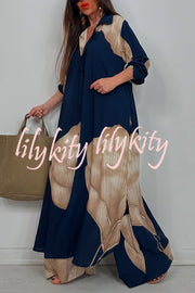 Unique Printed Casual Loose Long Shirt and Elastic Waist Pocket Wide Leg Pants Set