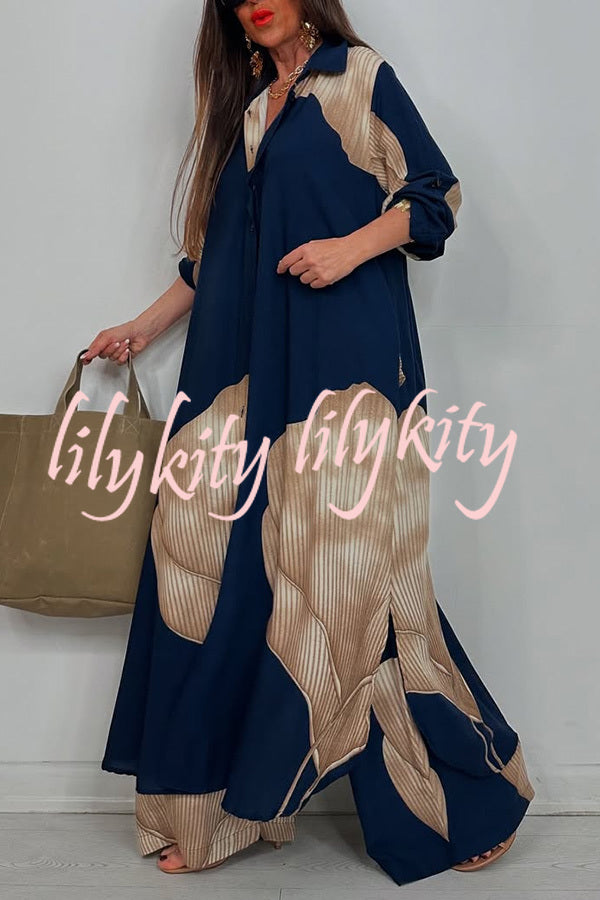 Unique Printed Casual Loose Long Shirt and Elastic Waist Pocket Wide Leg Pants Set