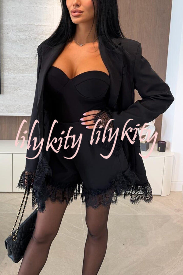 Amazing Items Lace Trim Button Up Long Sleeve Lapel Loose Blazer