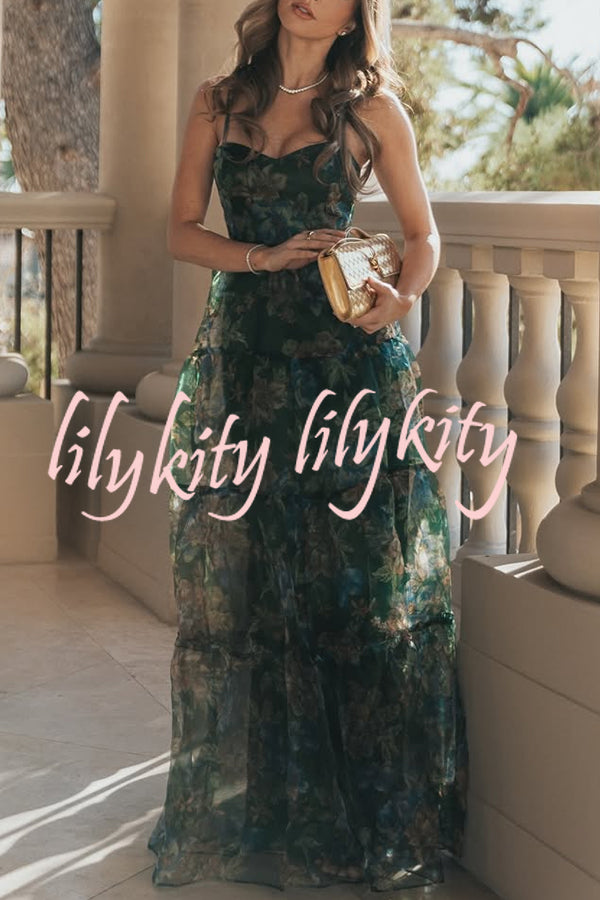 Exclusive Glamour Organza Floral Print Tiered Slip Maxi Dress