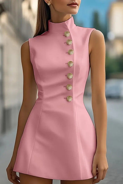 Solid Color Stand Collar Sleeveless Button-embellished Fitted Mini Dress