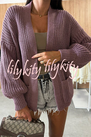 Solid Color V-neck Long-sleeved Casual Knitted Cardigan