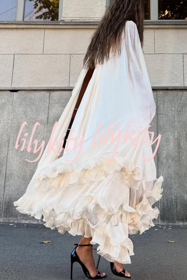 Fashionable V-neck Lace-up Ruffled Double-layer Hem Maxi Dress
