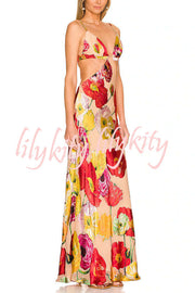 Hawaiian Dreams Satin Floral Print Cutout Backless Maxi Dress