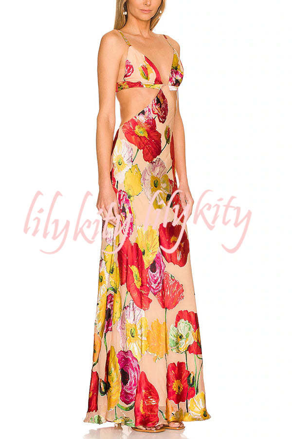 Hawaiian Dreams Satin Floral Print Cutout Backless Maxi Dress