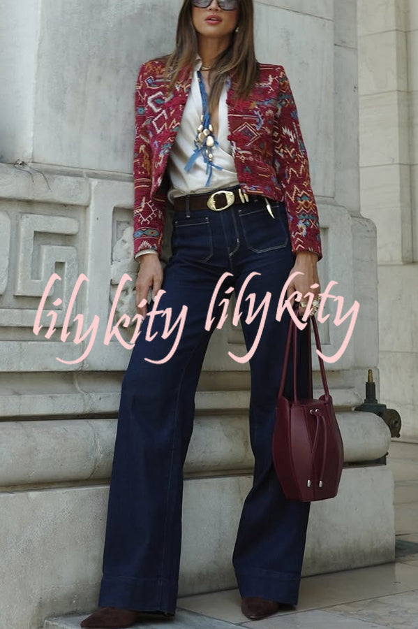 Vintage Bohemian Printed Chinese Style Buttons Long Sleeve Crop Jacket