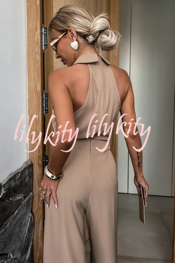 Fashionable Unique Look Halter Shirt Collar Pocketed Wide Leg Jumpsuit