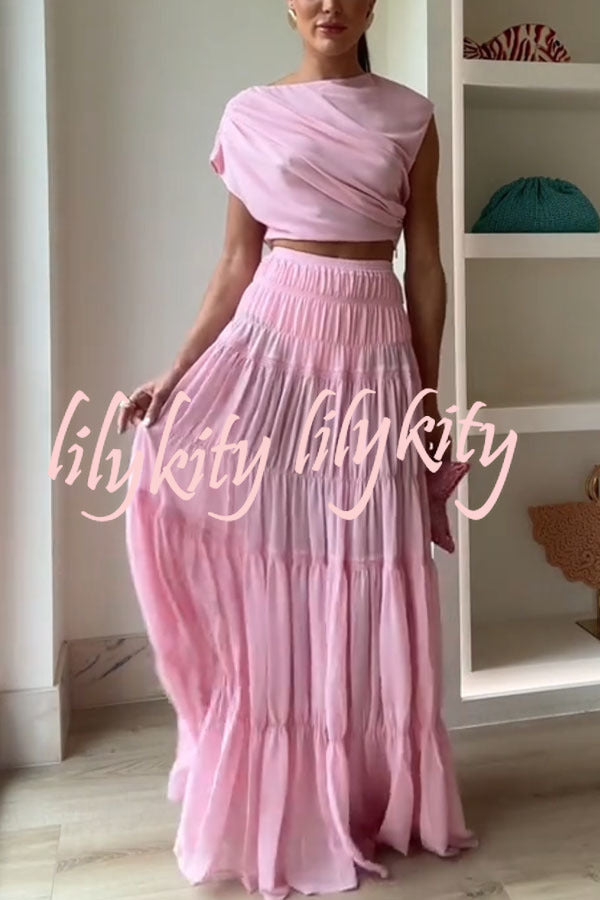 Stunning Chiffon Elastic Waist Layered A-line Maxi Skirt