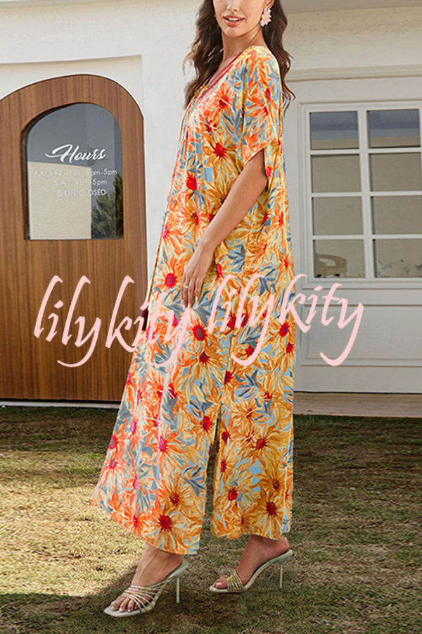 Floral Print V-Neck Lace-Up Loose Holiday Cover-Up Maxi Dress