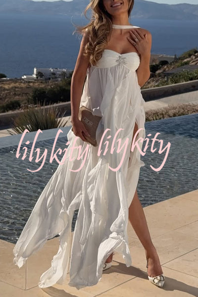 Resort Style Romantic Ruffles Open Back Stars Decorated Beach Maxi Dress