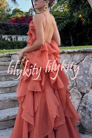 Free - Flowing Rose Detail Tiered Ruffles Halter A-line Maxi Dress