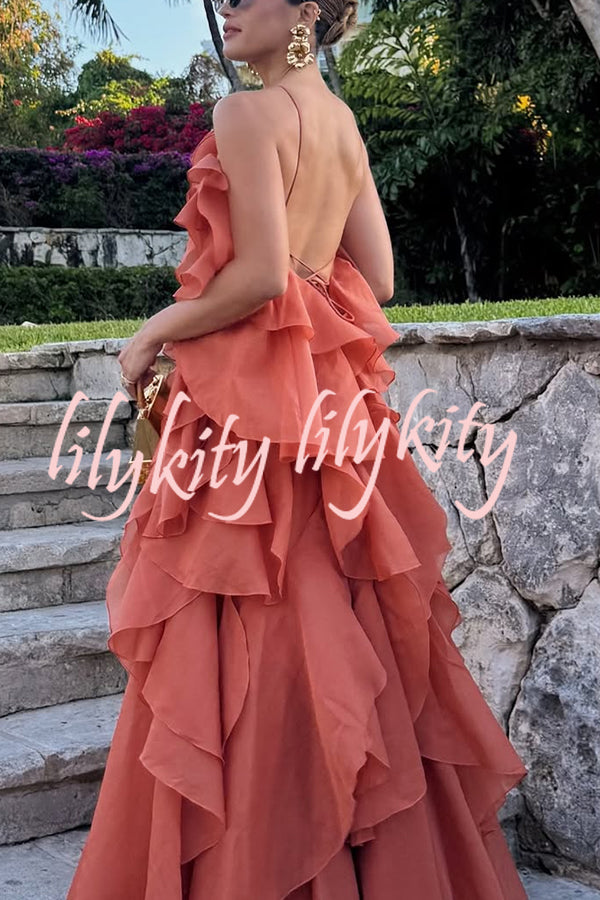 Free - Flowing Rose Detail Tiered Ruffles Halter A-line Maxi Dress
