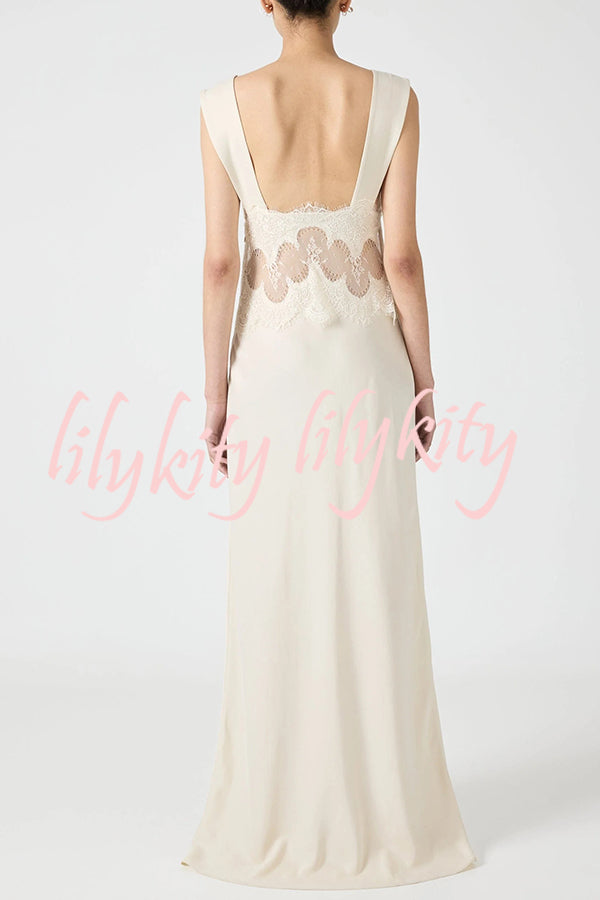 Wonderful Fusion Satin Lace Trim See-through Waist V-neck Drape Maxi Dress