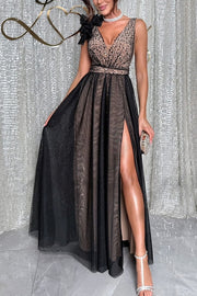 Everlasting Party Sequin Tulle Ruffles Shoulder Design Slit Maxi Dress