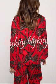 Stylish Colorblock Leopard Print Loose Shirt and Elastic Waist Pocketed Pajama Set