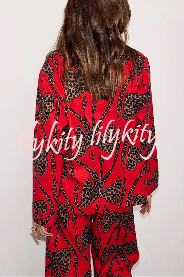 Stylish Colorblock Leopard Print Loose Shirt and Elastic Waist Pocketed Pajama Set