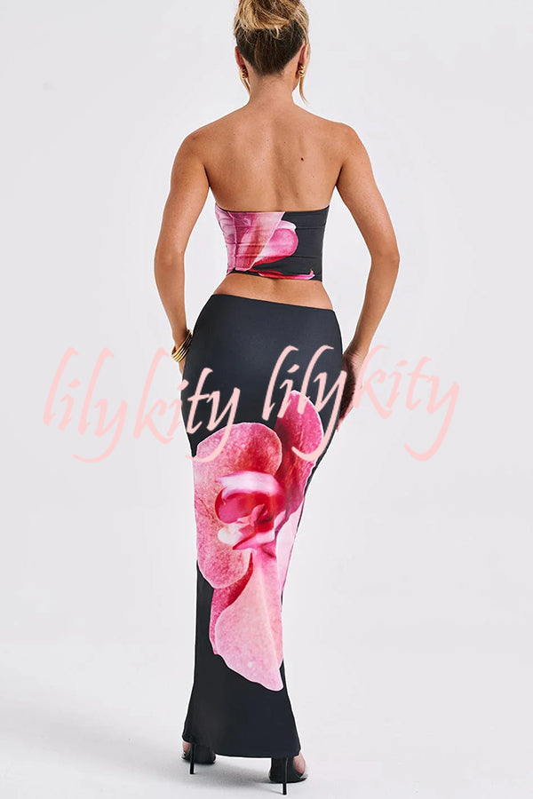 Allegra Abstract Floral Print Stretch Strapless Tank and Elastic Waist Maxi Skirt Set