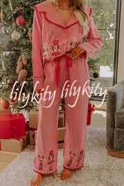 Nutcracker Charm Embroidered Gingham Loose Shirt and Elastic Waist Pajama Set