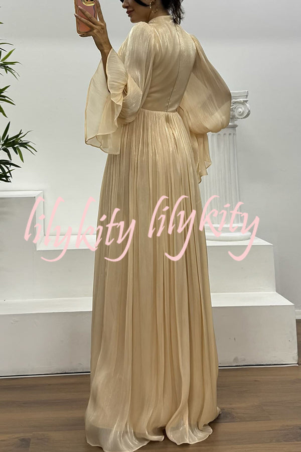 Ellah Shiny Fabric Chinese Stand Collar Twist Waist Balloon Sleeve Maxi Dress