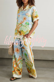 Unique Printed Lapel Short Sleeve Loose Shirt and Elastic Waist Casual Pocket Vacation Pants Set