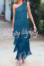 Stylish Fringed One Shoulder Asymmetric Midi Dress