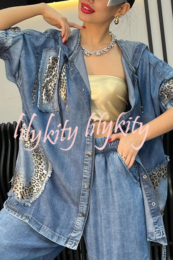 Fashion Loose Hooded Leopard Print Pocket Top and Casual Wide-leg Pants Set