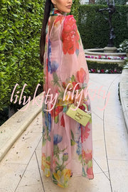 Garden Blooms Organza Floral Print Tie-up Neck Balloon Sleeve Loose Maxi Dress