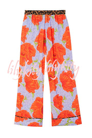 Color-block Poppy Leopard Print Trim Loose Shirt and Elastic Waist Pocketed Pajama Set