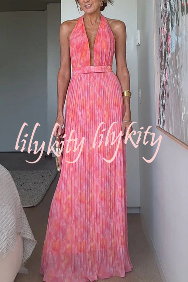 Unique Print Sexy Halter Neck Tie Pleated Vacation Maxi Dress